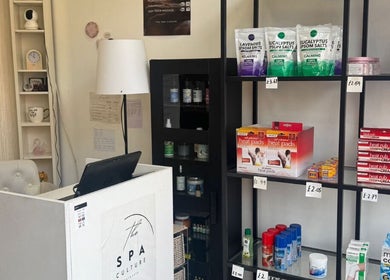 Reception area of The Spa Culture in London, England, GB, showcasing a variety of wellness products.