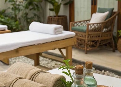 Spa beds and natural decor at Restore & Renew, Boston, Massachusetts, US offering tranquil wellness.