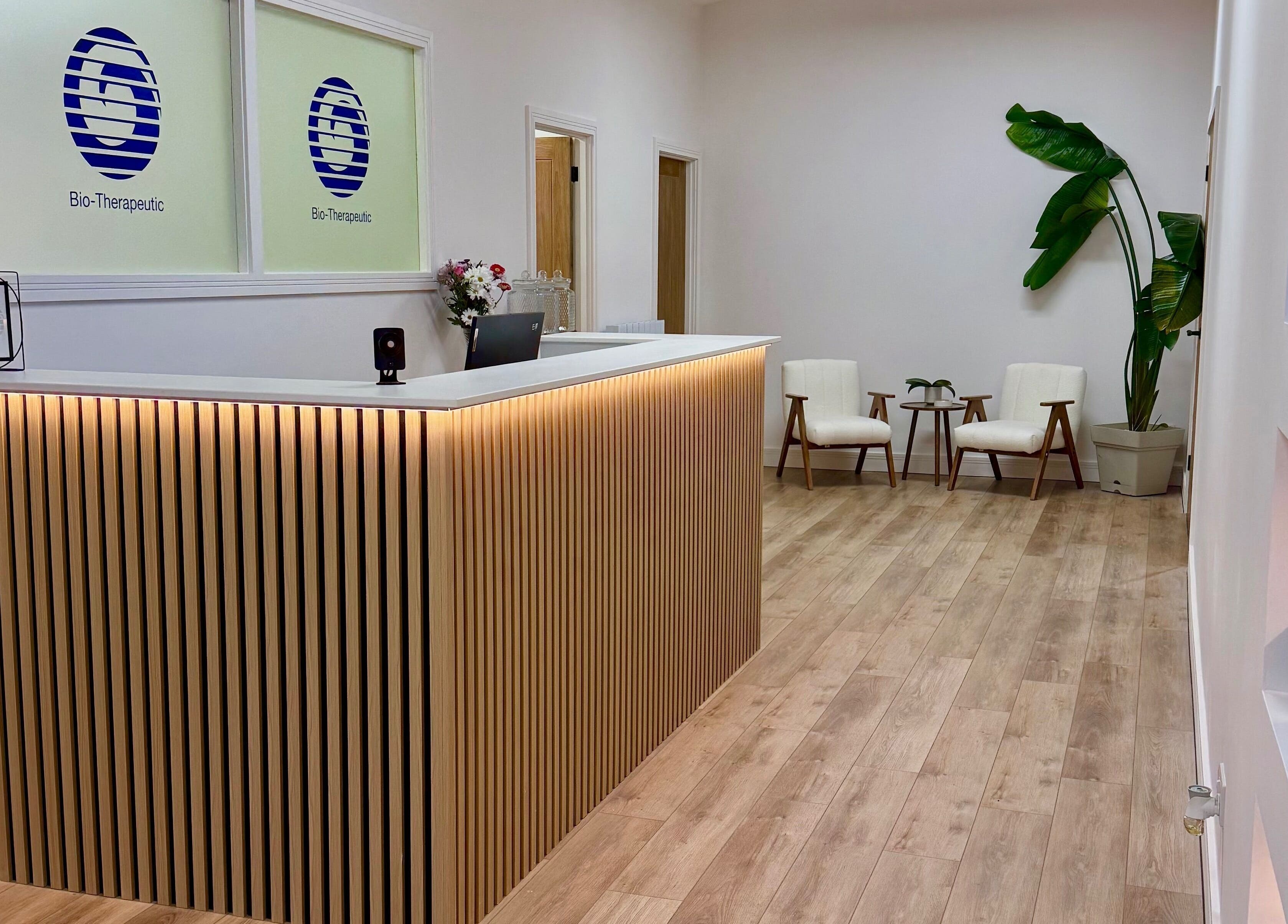 Reception area at Bio-Therapeutic Skin Clinic | Academy in Emsworth, England, GB, featuring modern decor and seating.