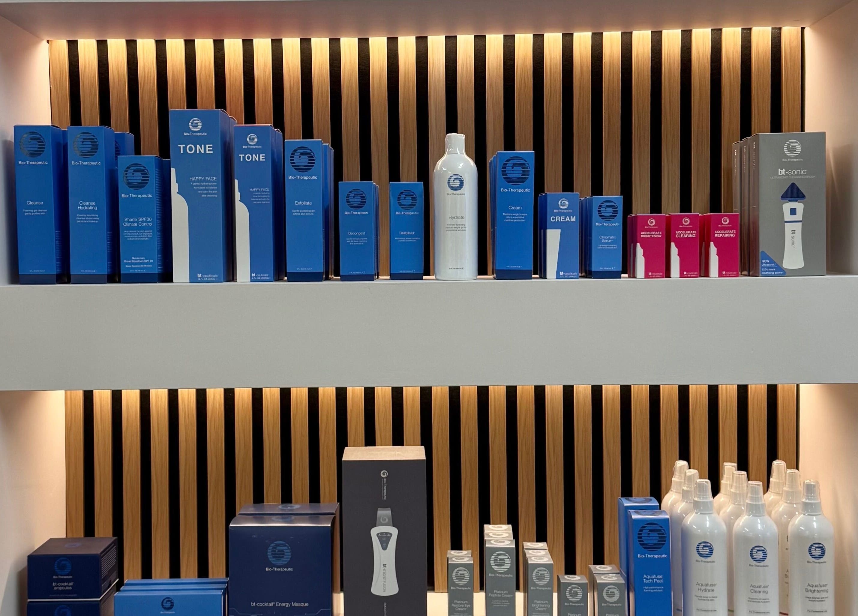 Bio-Therapeutic Skin Clinic | Academy in Emsworth, England, GB showcases premium skincare product range on elegant shelves.