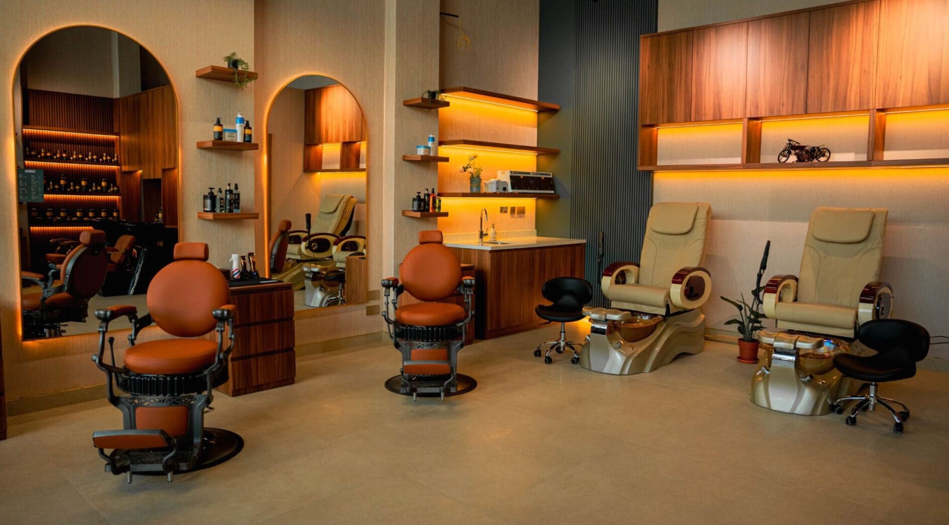 Elegant interior of Bebek Gents Salon L.L.C, Dubai, AE, featuring chic barber chairs and modern decor.