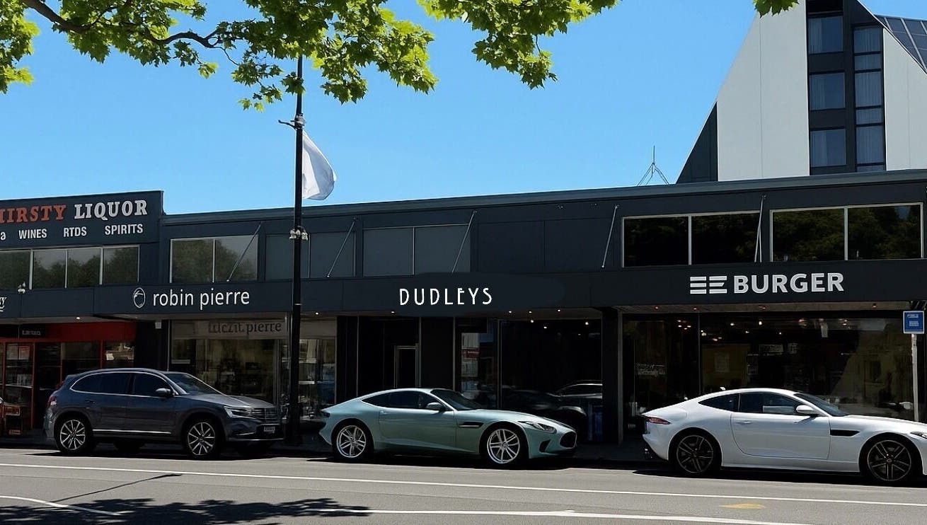 Dudleys storefront with parked cars on a sunny day in Auckland, Auckland, NZ.