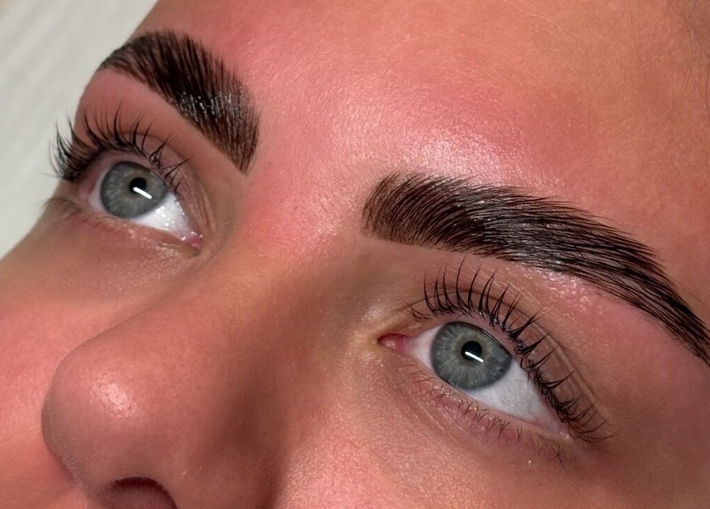 Close-up of perfectly shaped eyebrows at eviemariebeauty, Thurnscoe, England, GB.