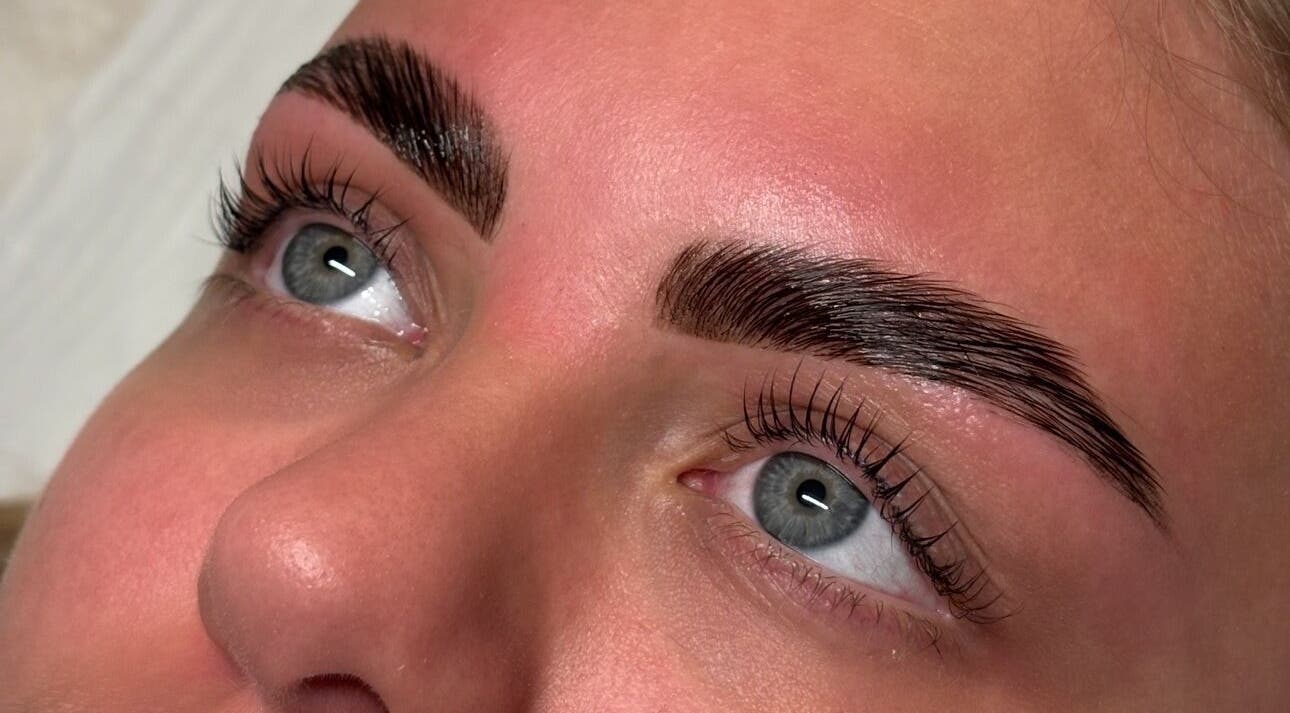 Close-up of perfectly shaped eyebrows at eviemariebeauty, Thurnscoe, England, GB.