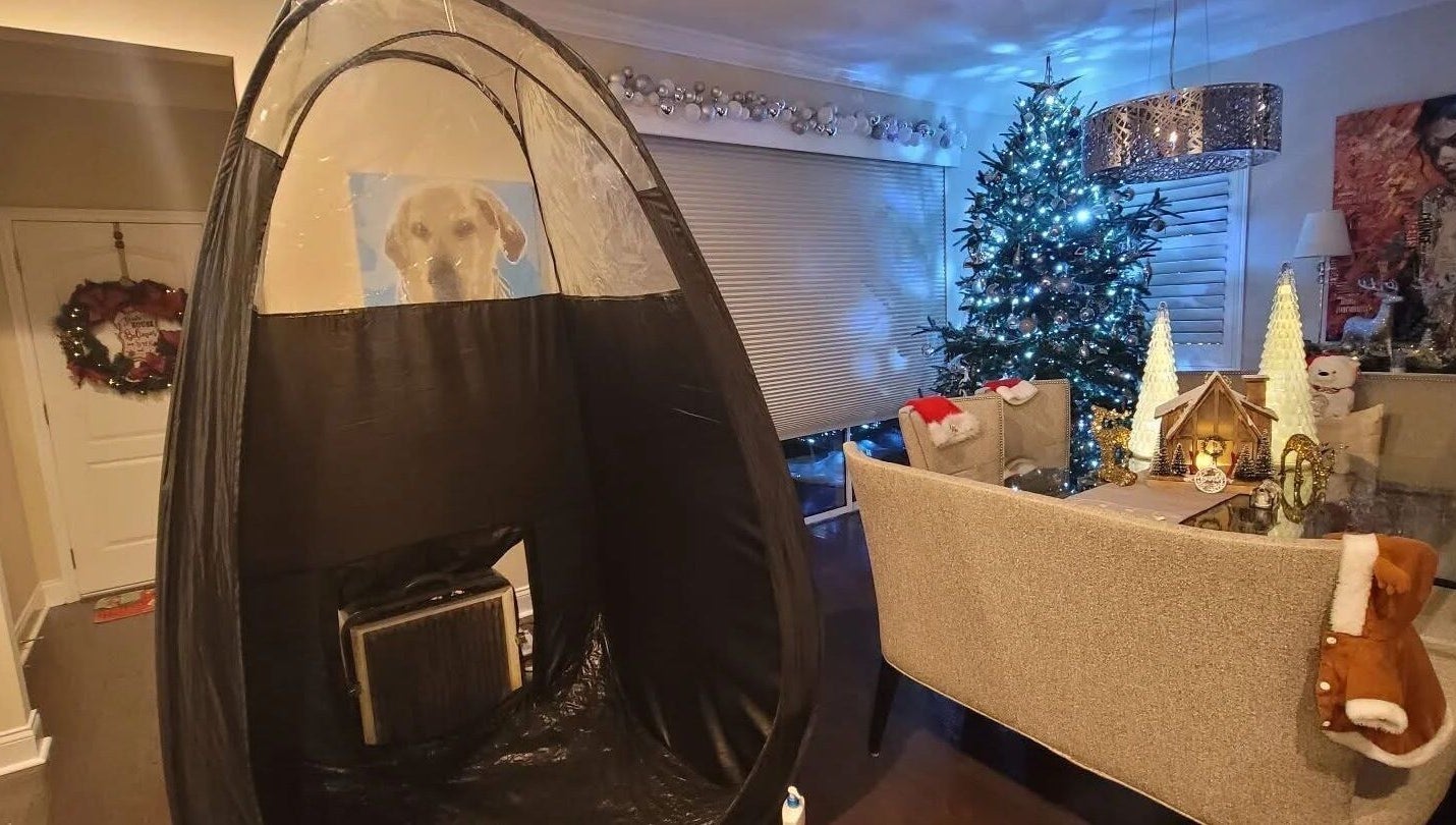 Cozy festive setup at Glow on the Go, Paisley, Scotland, GB, featuring a tanning tent and holiday décor.
