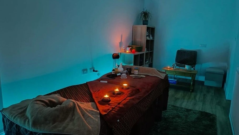 Cozy massage room with candles at Wan's Healing Massage, Saint Mellons, Wales, GB.