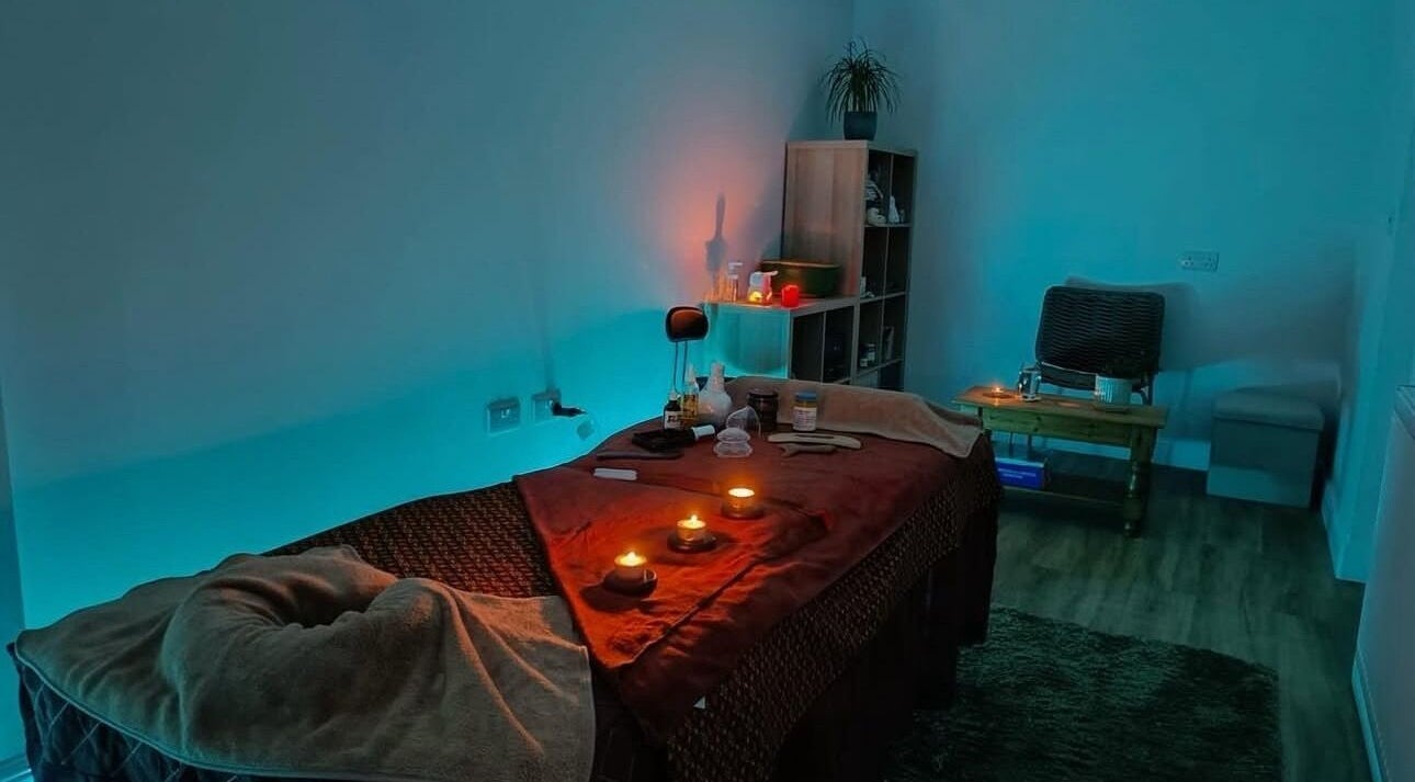 Cozy massage room with candles at Wan's Healing Massage, Saint Mellons, Wales, GB.