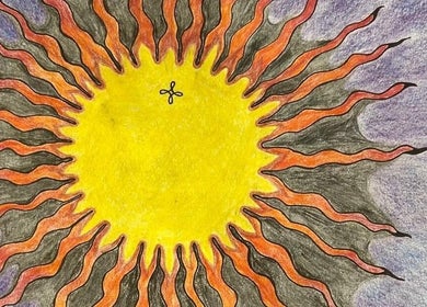 Kleurrijke zon illustratie bij Rah's Oracle in Amsterdam, Noord-Holland, NL.