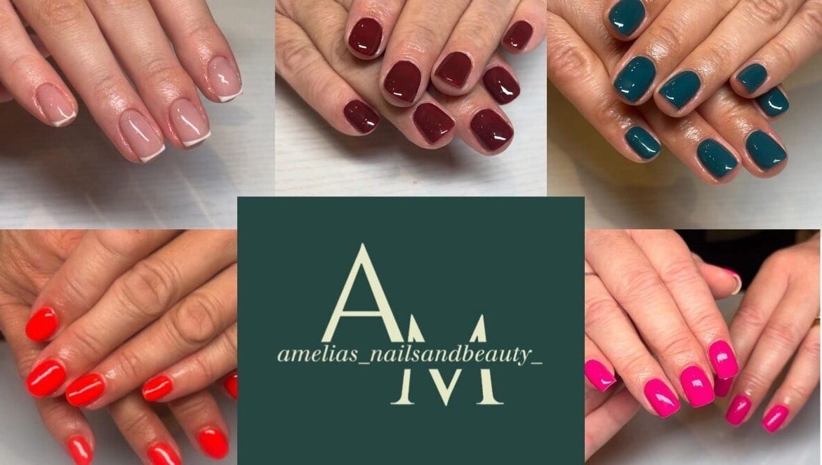 Colorful nail designs at Amelia’s Nails and Beauty, Port Erin, IM, showcasing red, pink, teal, and nude styles.