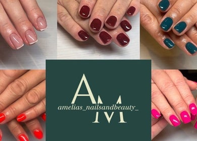 Colorful nail designs at Amelia’s Nails and Beauty, Port Erin, IM, showcasing red, pink, teal, and nude styles.
