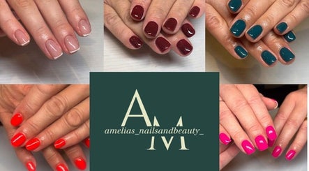 Colorful nail designs at Amelia’s Nails and Beauty, Port Erin, IM, showcasing red, pink, teal, and nude styles.