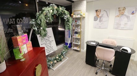 Interior of Amelia’s Nails and Beauty, Port Erin, showcasing a manicure station and product display.
