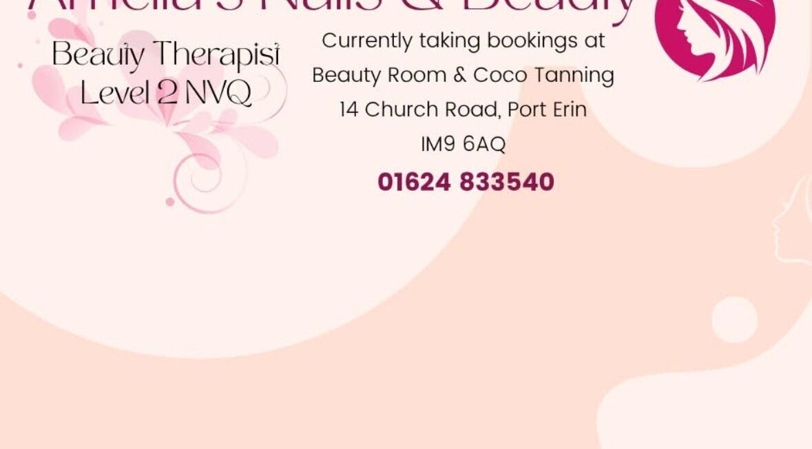 Amelia’s Nails and Beauty flyer showcasing services in Port Erin, Port Erin, IM. Contact for bookings.