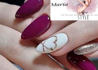 Stylish nail art at Mariya Nail Style, Ръжица, Burgas, BG. Features maroon, white, and glitter designs.