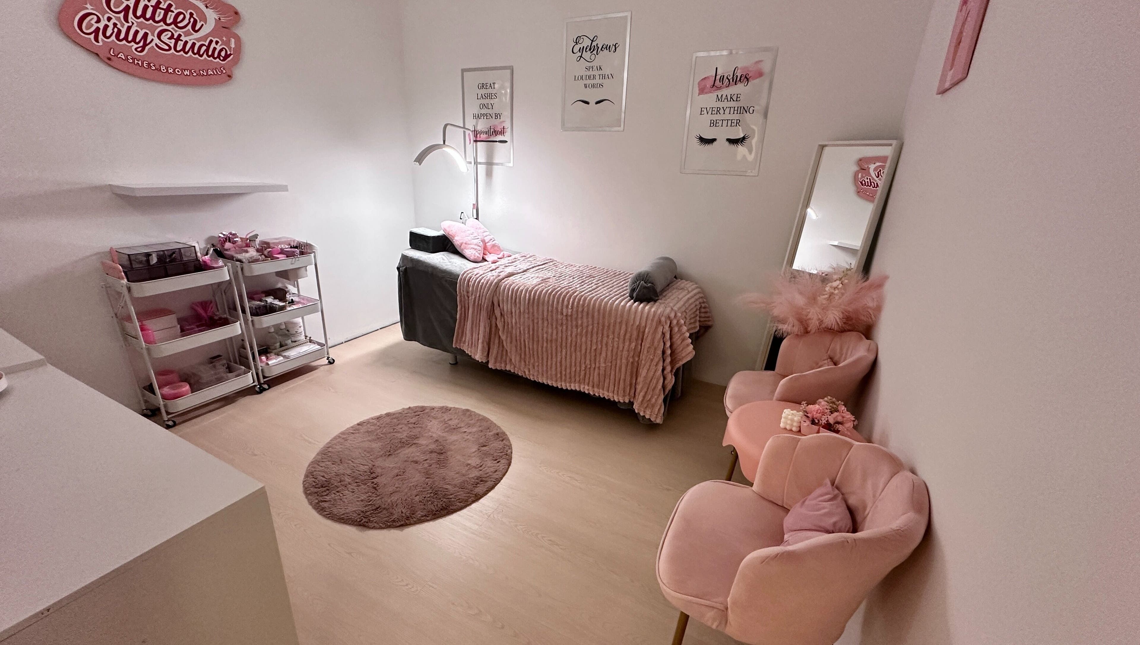 Elegant treatment room at Glitter Girly Studio, Puchong, Selangor, MY with plush seating and pink decor.