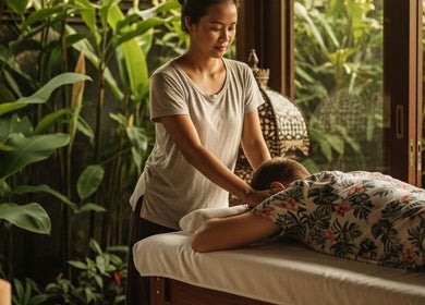 Relaxing massage at ELEXOIR HOME MASSAGE SERVICE UBUD, Bali, Bali, ID with lush green surroundings.