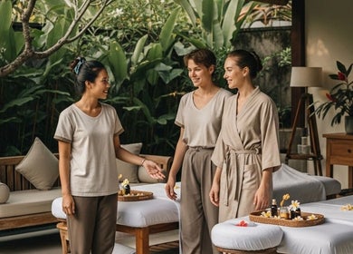 Tranquil setting at ELEXOIR HOME MASSAGE SERVICE UBUD, Bali, Bali, ID with relaxation beds and natural decor.