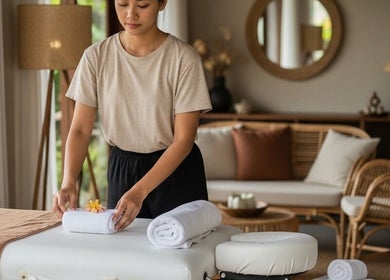 Therapist preparing a relaxing massage table at ELEXOIR HOME MASSAGE SERVICE UBUD, Bali, Bali, ID.