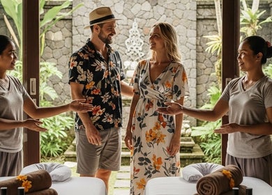 Relaxing couple massage setup at ELEXOIR HOME MASSAGE SERVICE UBUD, Bali, Bali, ID with welcoming therapists.