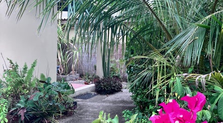 Lush garden pathway at Iyengar Holistic in Willemstad, CW, offering a serene nature escape.
