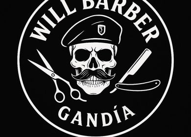 Logotipo de Will Barber Gandia, con diseño de calavera y tijeras, Gandia, Comunidad Valenciana, ES.