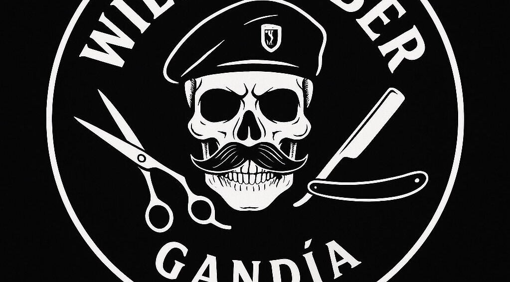 Logotipo de Will Barber Gandia, con diseño de calavera y tijeras, Gandia, Comunidad Valenciana, ES.