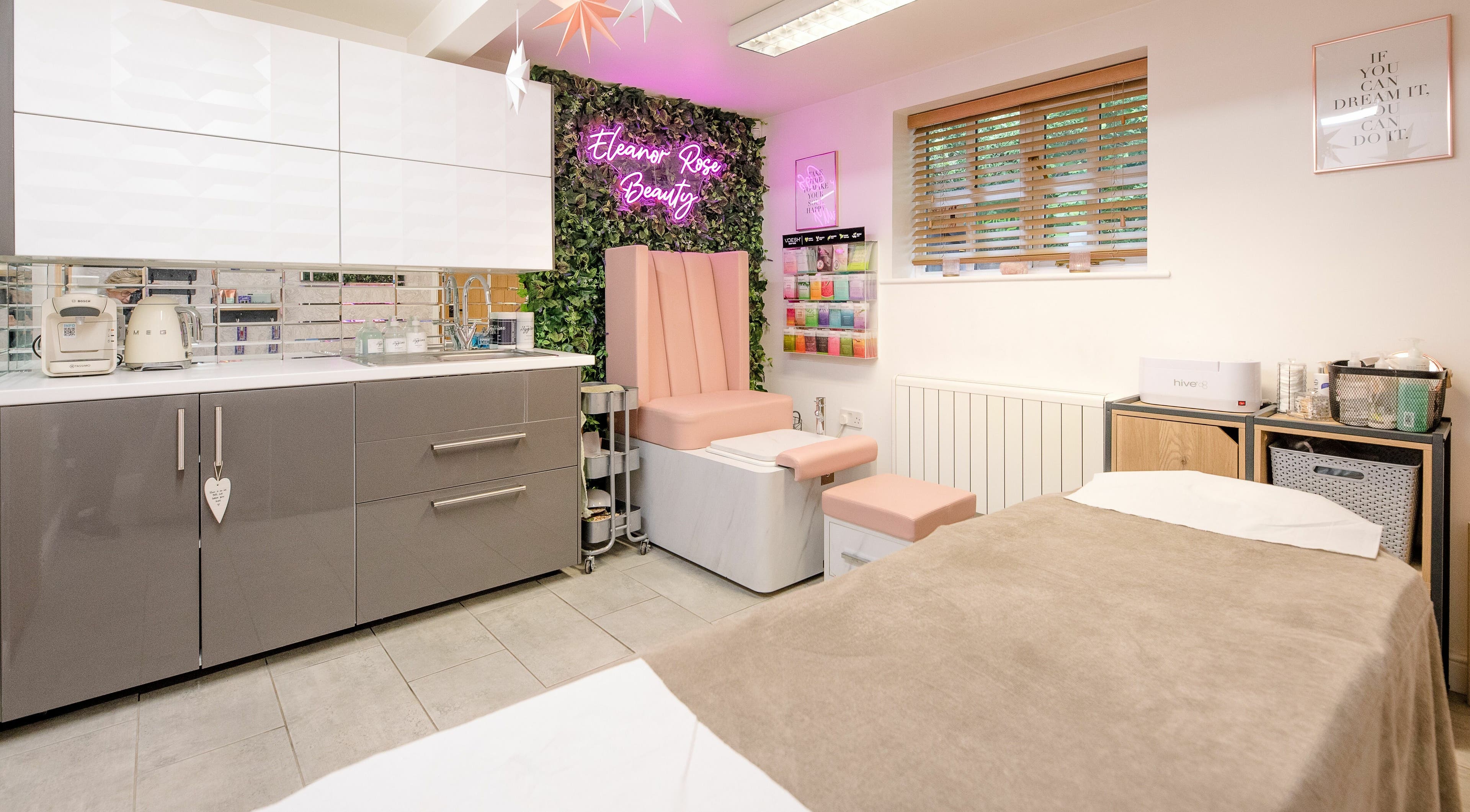 Luxurious interior of Eleanor Rose Beauty in Carlton, England, GB featuring elegant pedicure and beauty stations.