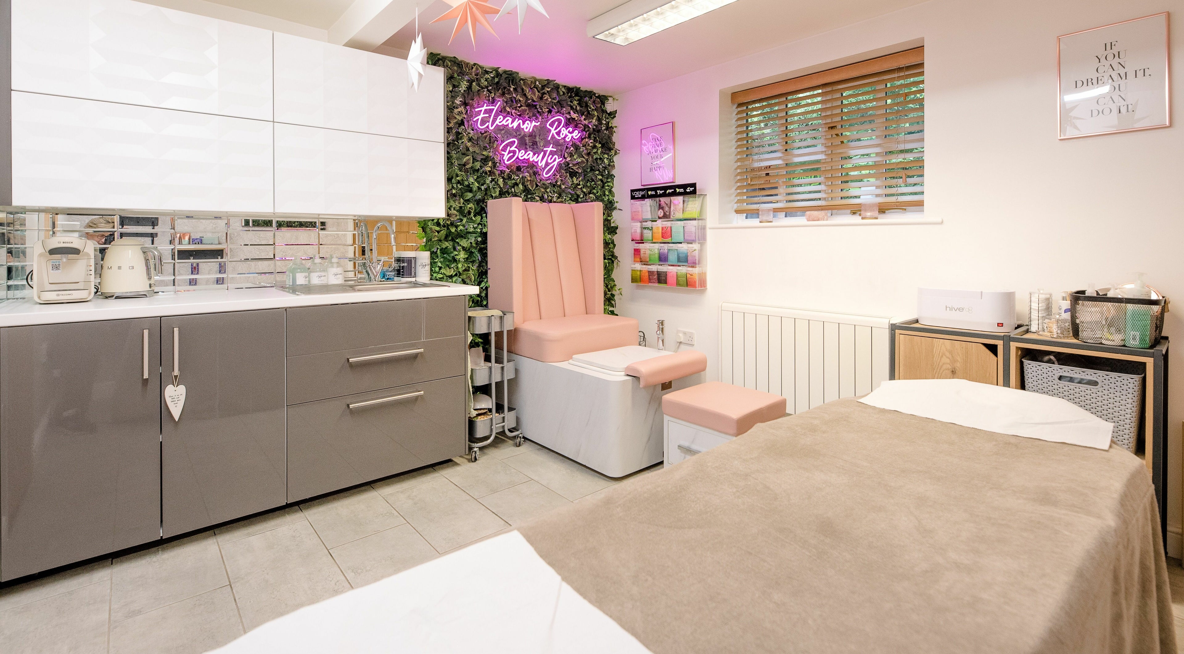 Luxurious interior of Eleanor Rose Beauty in Carlton, England, GB featuring elegant pedicure and beauty stations.