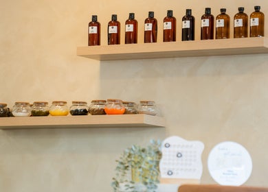 Essential oils and natural ingredients display at Mèye, Montréal, Québec, CA.