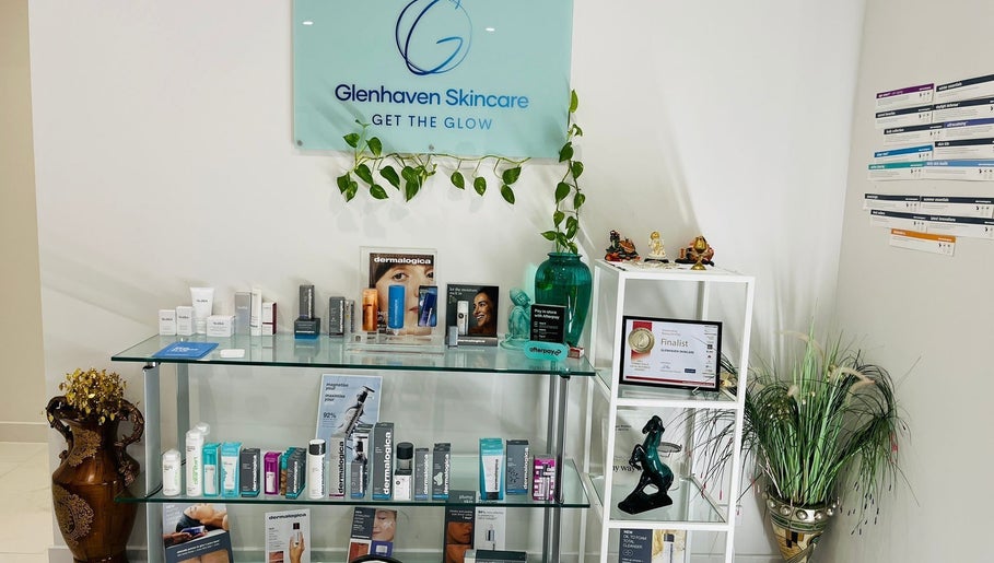 Product display at Glenhaven Skincare, Glenhaven, New South Wales, AU, featuring skincare brands and awards.