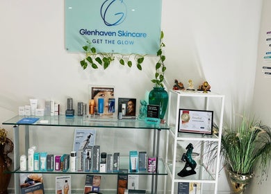 Product display at Glenhaven Skincare, Glenhaven, New South Wales, AU, featuring skincare brands and awards.