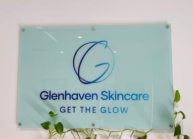 Logo of Glenhaven Skincare in Glenhaven, New South Wales, AU displayed on a stylish glass board with green accents.