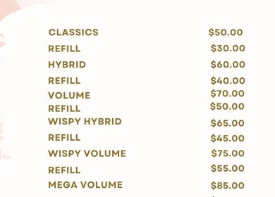 Eyelash extension prices at Katz Lashez, Cole Bay, SX, detailing various styles and refills.