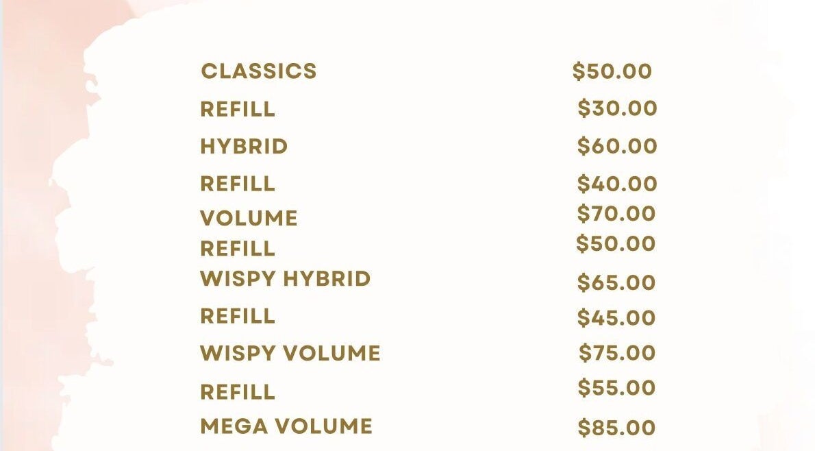 Eyelash extension prices at Katz Lashez, Cole Bay, SX, detailing various styles and refills.