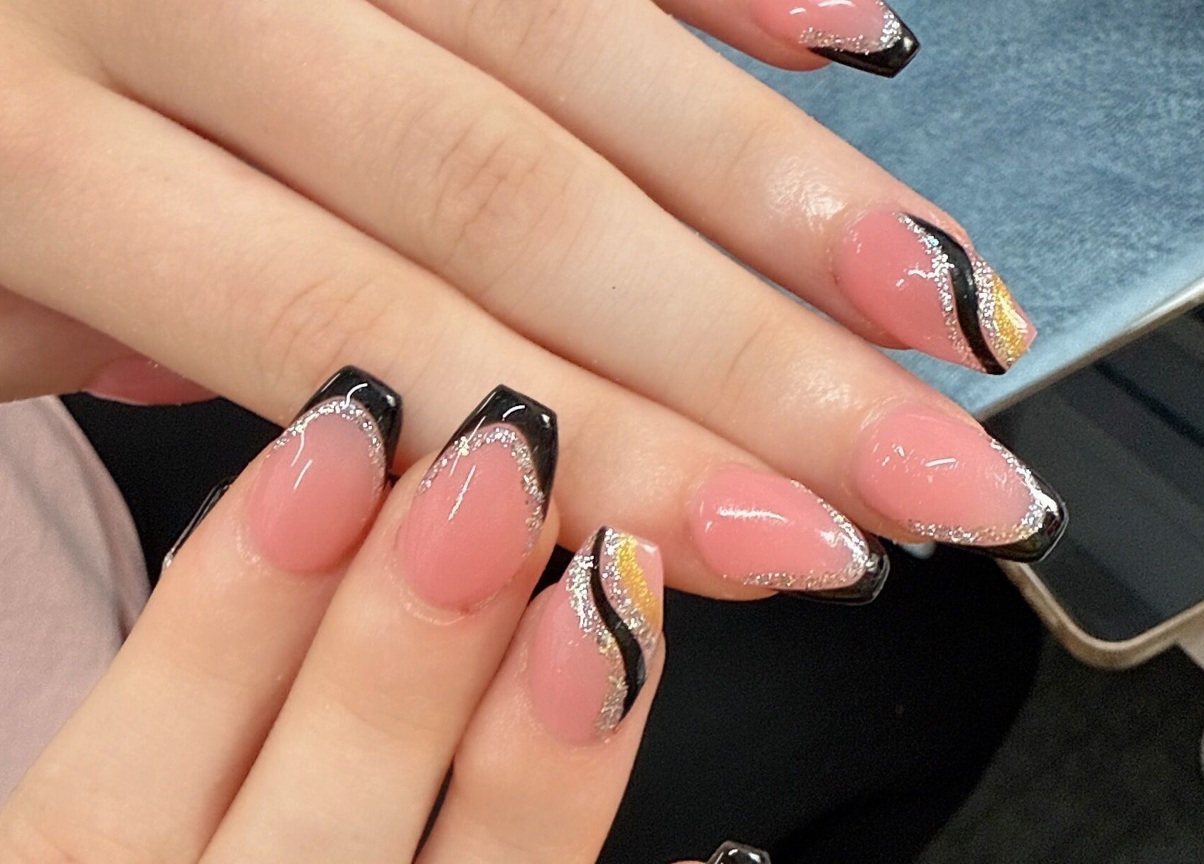 Stylish black and glitter nail design at Willownails, Bristol, Willsbridge, GB.