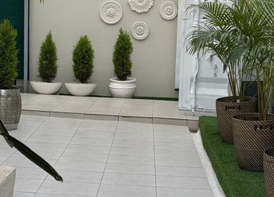 Elegant green patio at Papaya Wellness, Nairobi, Nairobi County, KE, with potted plants and decorative wall art.
