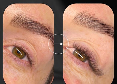 Before and after lash extension at Lashd, Eccles, England, GB showing enhanced lash volume and length.