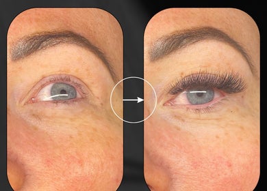 Before and after lash transformation at Lashd, Eccles, England, GB showcasing dramatic eyelash extensions.