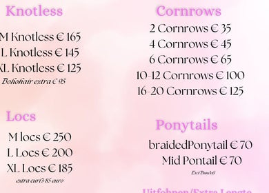 Prijslijst voor vlechten bij Braidsbyfroetiie_ in Vlaardingen, Zuid-holland, NL toont opties zoals knotless en cornrows.