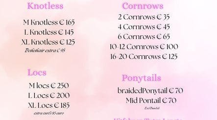 Prijslijst voor vlechten bij Braidsbyfroetiie_ in Vlaardingen, Zuid-holland, NL toont opties zoals knotless en cornrows.