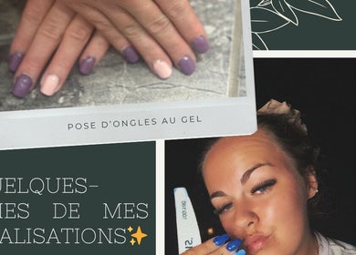 Nail art display at BADDIE ERA STUDIO, Québec, Québec, CA featuring gel polish in purple and pink tones.