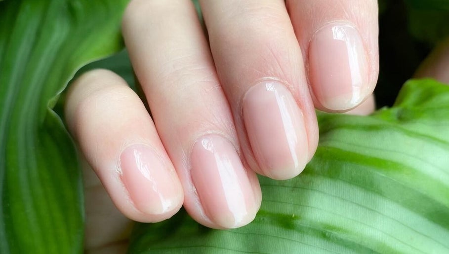 Mooie verzorgde nagels bij The Beauty Project in Boortmeerbeek, Vlaanderen, BE met groen blad op de achtergrond.