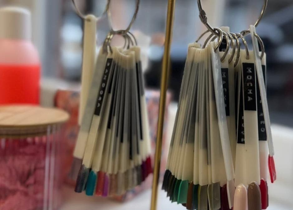 Nail color samples on display at Swan Elegance Beauty, Kimberley, England, GB