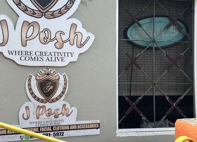 JPOSH signage in Portmore, St. Catherine Parish, JM, showcasing nail and beauty services.