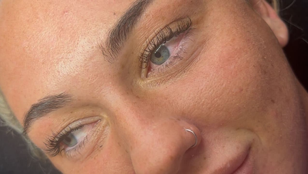 Close-up of eyebrow and eye enhancements at The Beauty Vault in Tandragee, Northern Ireland, GB.