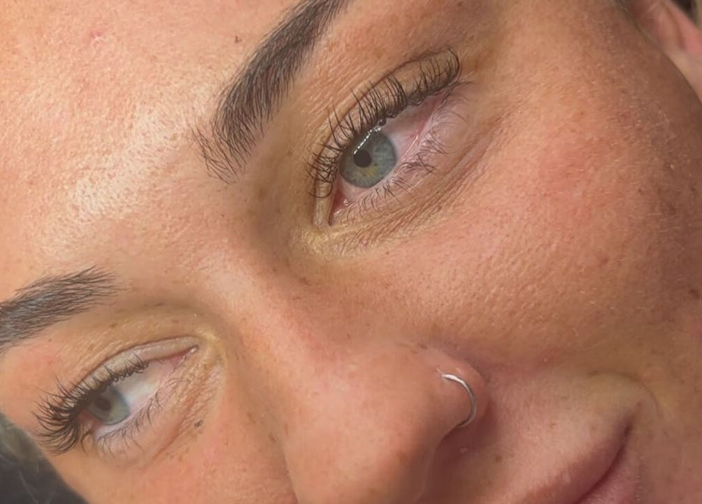 Close-up of eyebrow and eye enhancements at The Beauty Vault in Tandragee, Northern Ireland, GB.