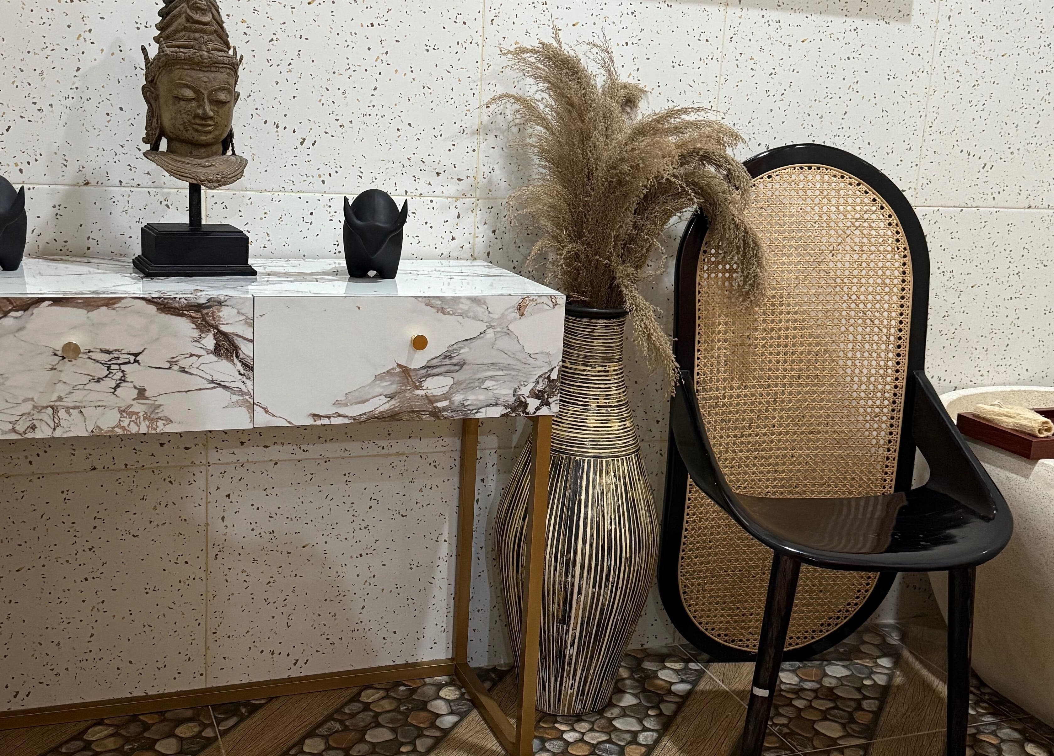 Elegant spa decor with marble table at My Spa Lombok Group, Nusa Tenggara Barat, Nusa Tenggara Barat, ID.