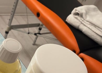 Massage table with oils at ActiveRevive, Sheffield, England, GB.