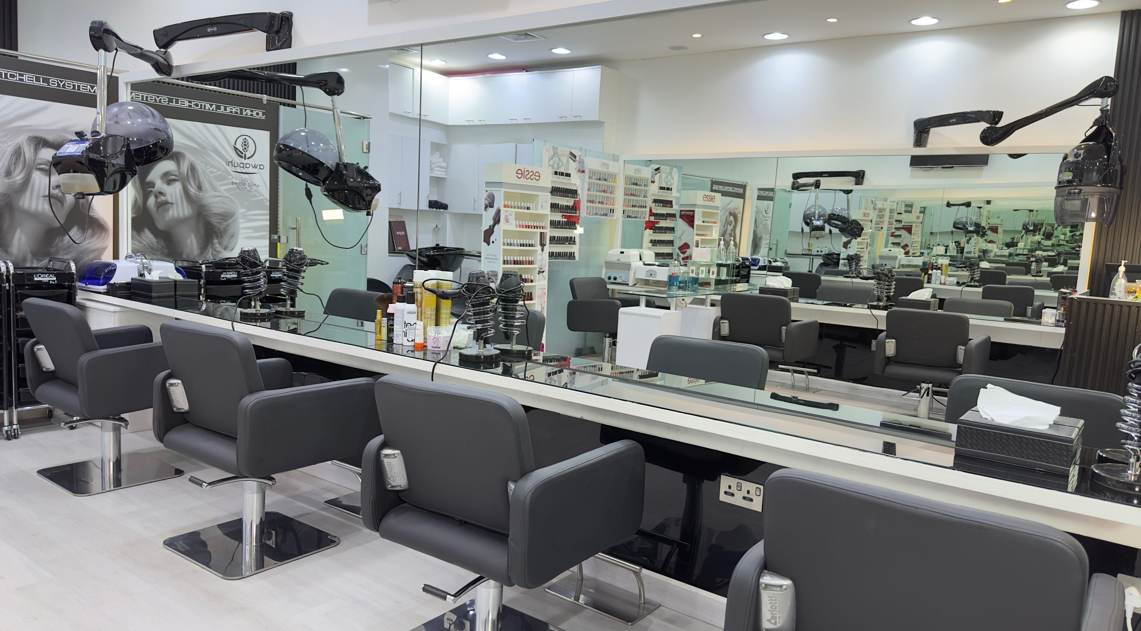 Inside Lya Arabi Beauty Salon, Dubai, AE with sleek styling stations and modern equipment.
