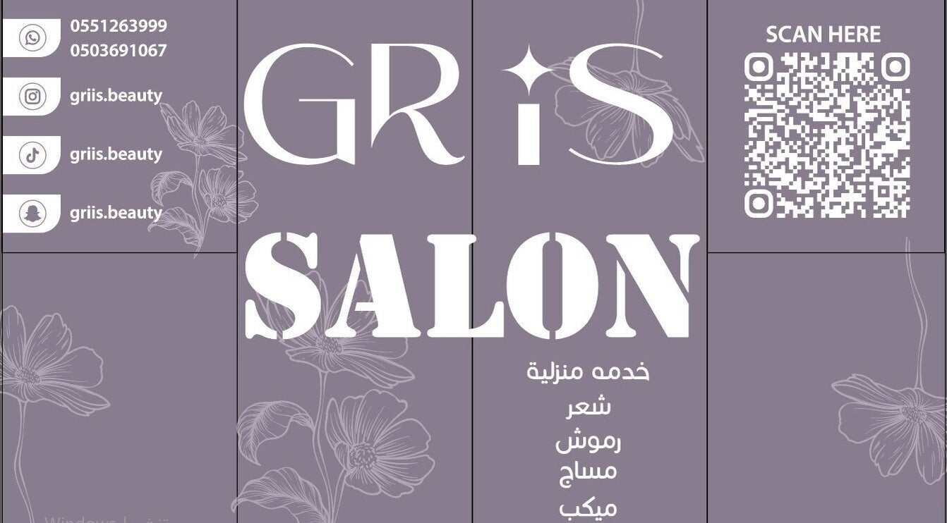 Elegant promotional graphic for Gris Beauty Spa in Al Khobar, Eastern Province, SA. Contact and social media details shown.